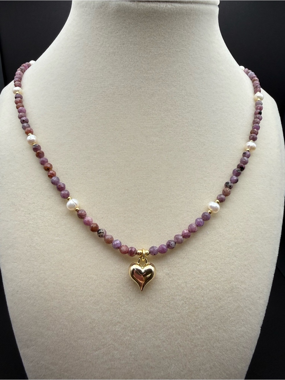 Ruby and Freshwater Pearl Necklace with Gold Heart Pendant